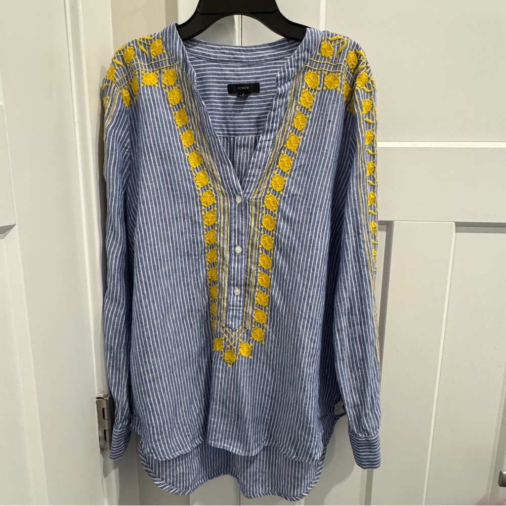 J.Crew Embroidered Blue White Striped 100% Linen Tunic Kaftan Blouse Top Small - Picture 2 of 9
